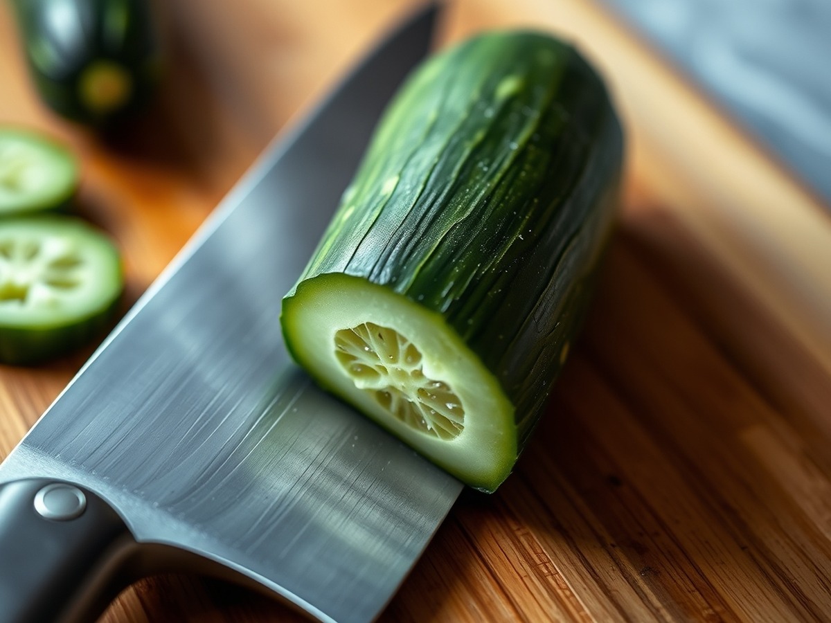 Why do you smash cucumbers in a salad? ingredient mise en place - A close-up photorealistic image of a chef knife flat against a crisp g