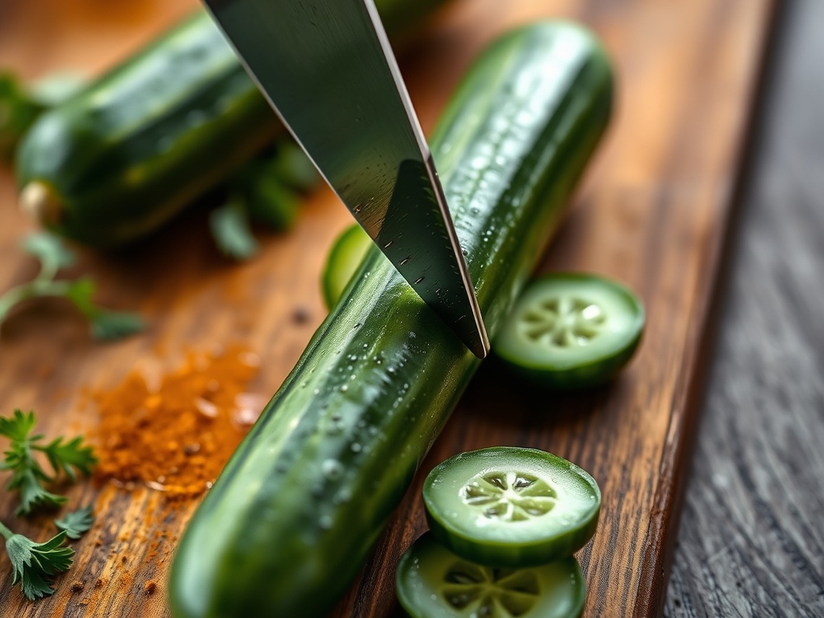 Why do you smash cucumbers in a salad? ingredient mise en place - Close up photorealistic photo showing a chef's knife flat against a fr
