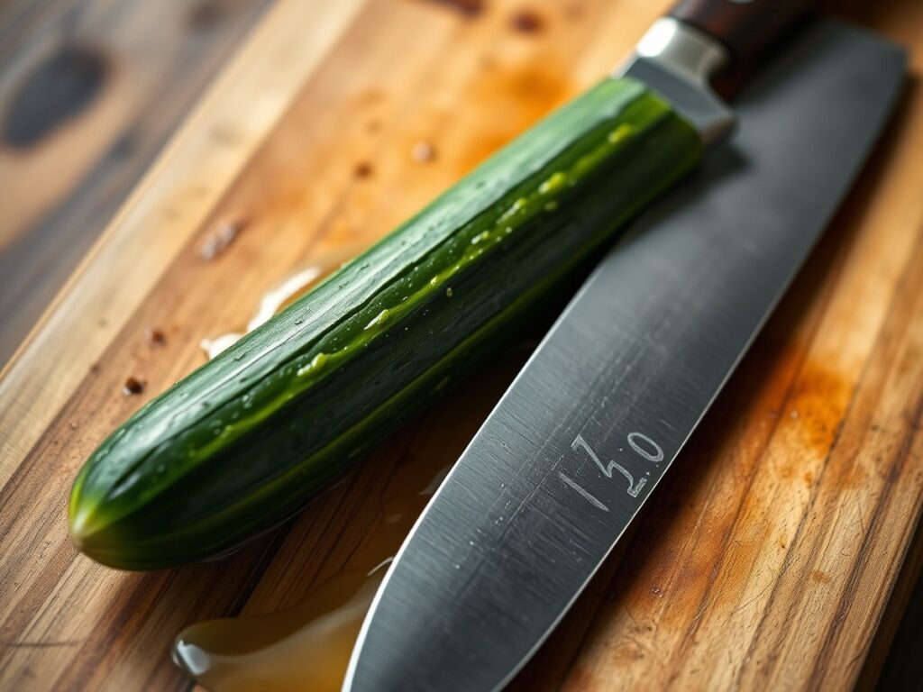 Why do you smash cucumbers in a salad? ingredient mise en place - Close up photorealistic photo of a chef's knife flat resting on a fres