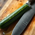 Why do you smash cucumbers in a salad? ingredient mise en place - Close up photorealistic photo of a chef's knife flat resting on a fres