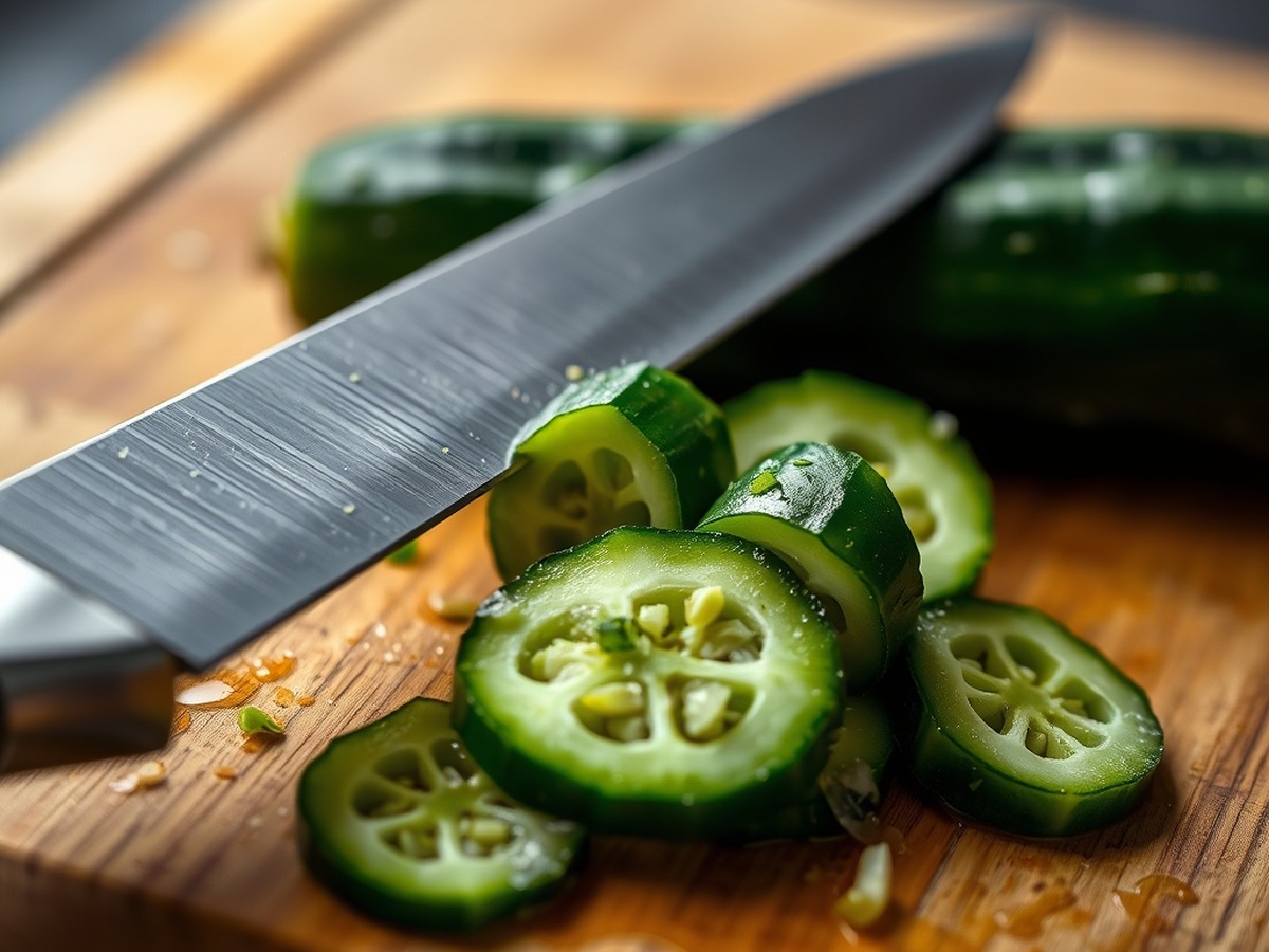 Why do you smash cucumbers in a salad? ingredient mise en place - Close up, detailed photo of a chef knife flat against a fresh green cu