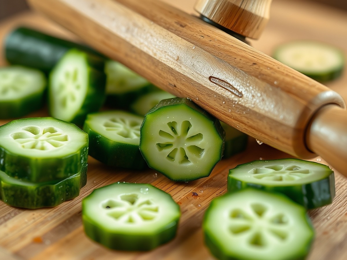Why do you smash cucumbers in a salad? ingredient mise en place - A close-up photograph of a rolling pin cracking open crisp green cucum
