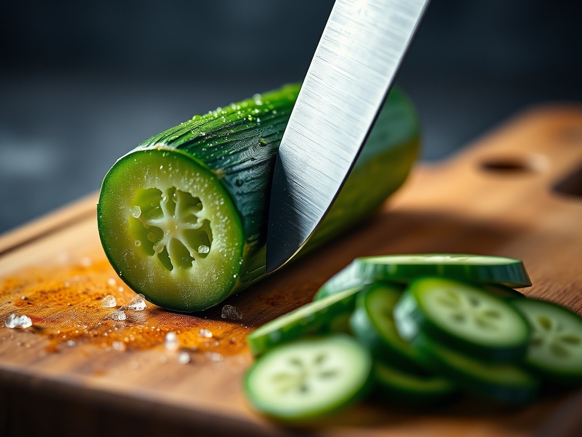Why do you smash cucumbers in a salad? ingredient mise en place - A close-up photorealistic shot of a chef knife cracking a fresh green