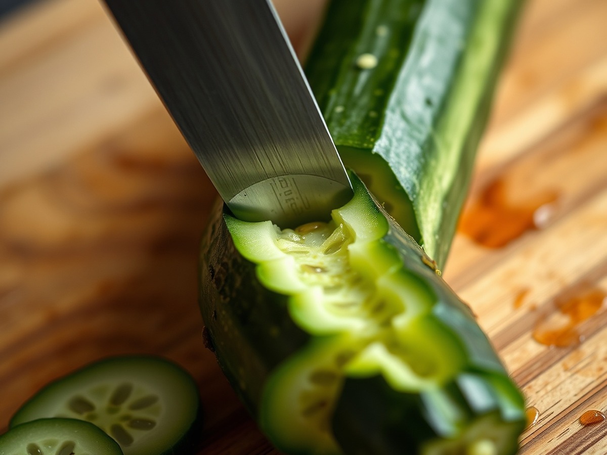 Why do you smash cucumbers in a salad? ingredient mise en place - A close-up, detailed photo of a fresh English cucumber being split ope