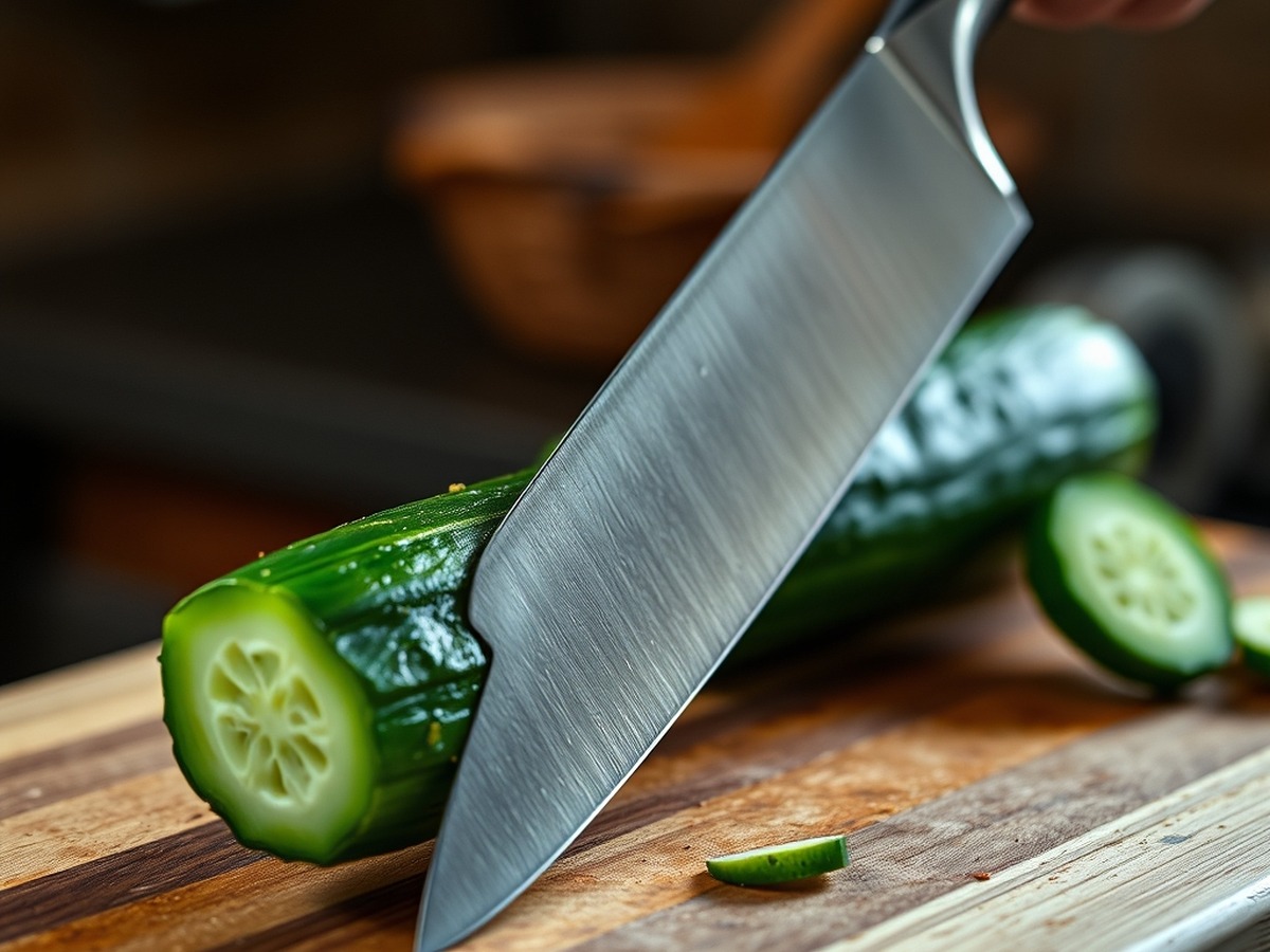 Why do you smash cucumbers in a salad? ingredient mise en place - Close up, detailed photo of a chef knife flat against a fresh green cu