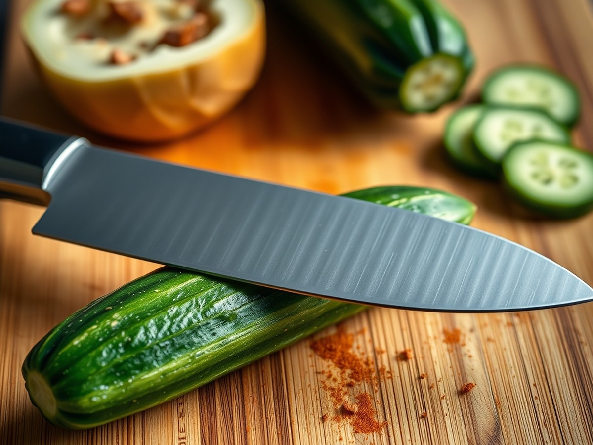 Why do you smash cucumbers in a salad? ingredient mise en place - A close-up photograph of a chef knife flat resting on a fresh green cu