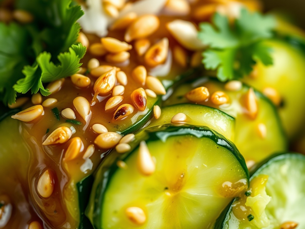 Why do you smash cucumbers in a salad? cooking technique - Detailed macro shot of smashed cucumber crevices absorbing a rich, glo