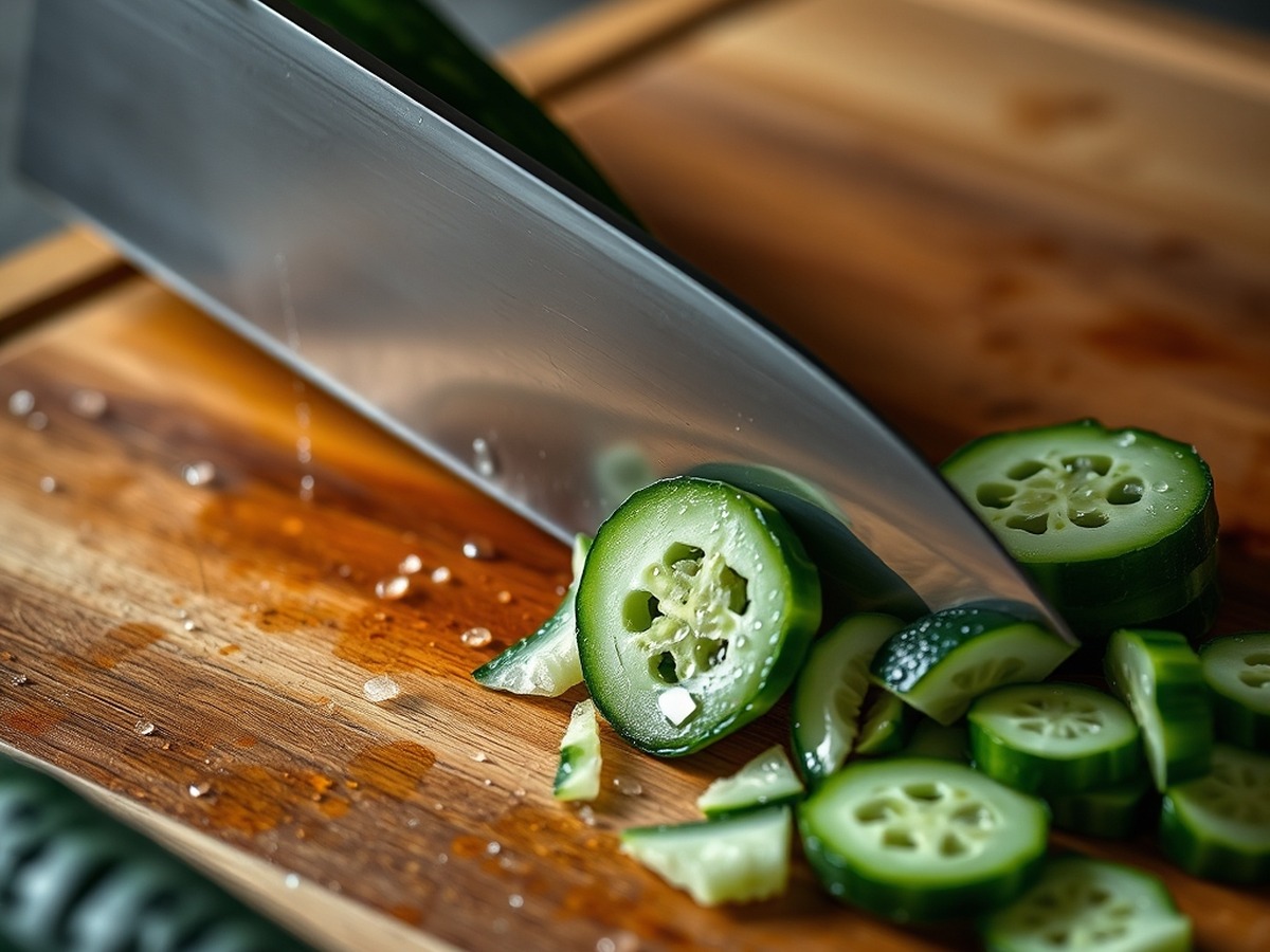 Why do you smash cucumbers in a salad? ingredient mise en place - Close up photorealistic photo of a wooden cutting board with a heavy c