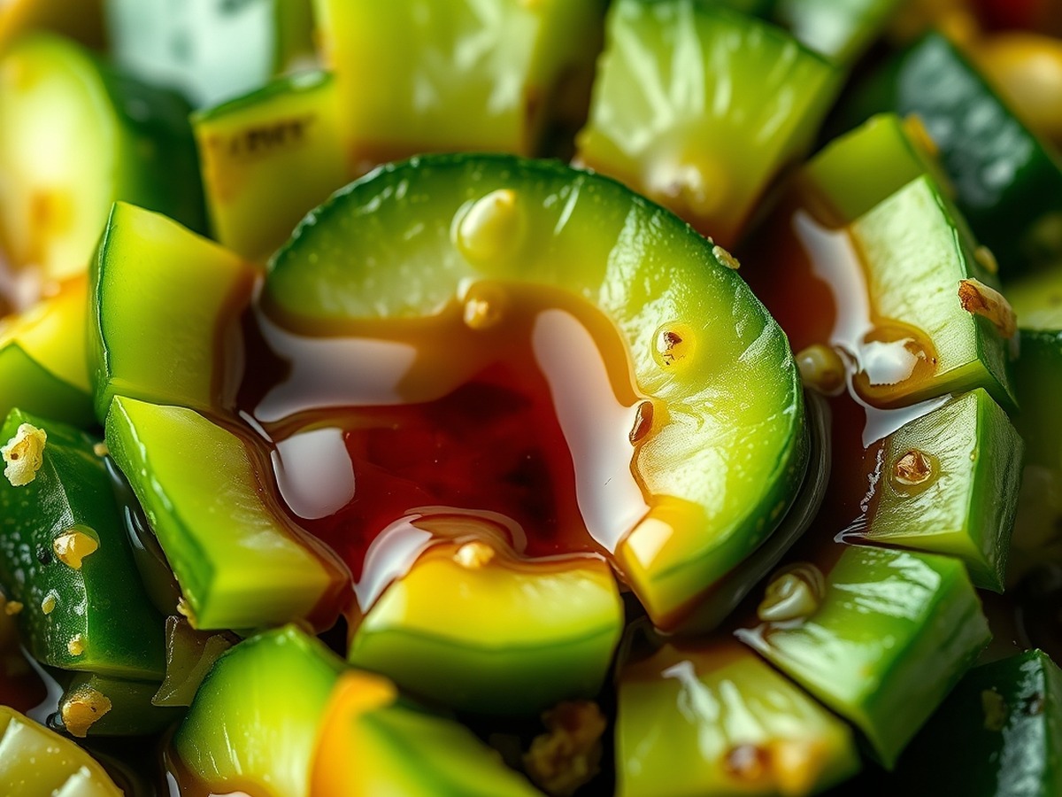 Why do you smash cucumbers in a salad? cooking technique - A detailed macro photo of fractured cucumber flesh absorbing pools of