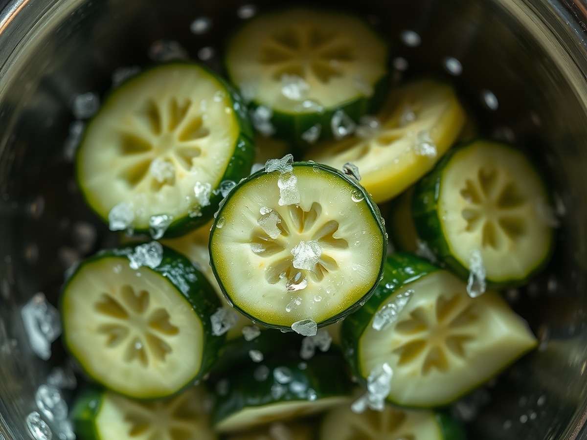 Why do you smash cucumbers in a salad? cooking technique - An overhead macro photo of salted cucumber pieces releasing moisture i