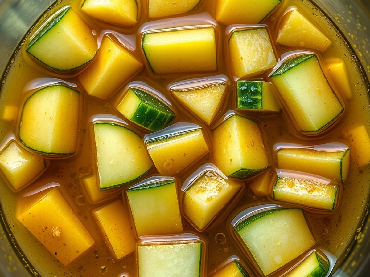 Why do you smash cucumbers in a salad? cooking technique - A detailed top-down view of irregular cucumber chunks soaking up a vib
