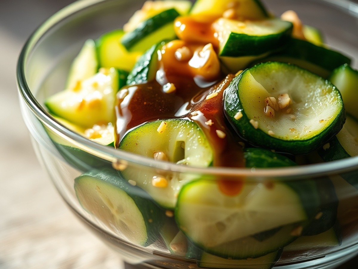 Why do you smash cucumbers in a salad? cooking technique - Detailed culinary photo showing fractured cucumber pieces absorbing a