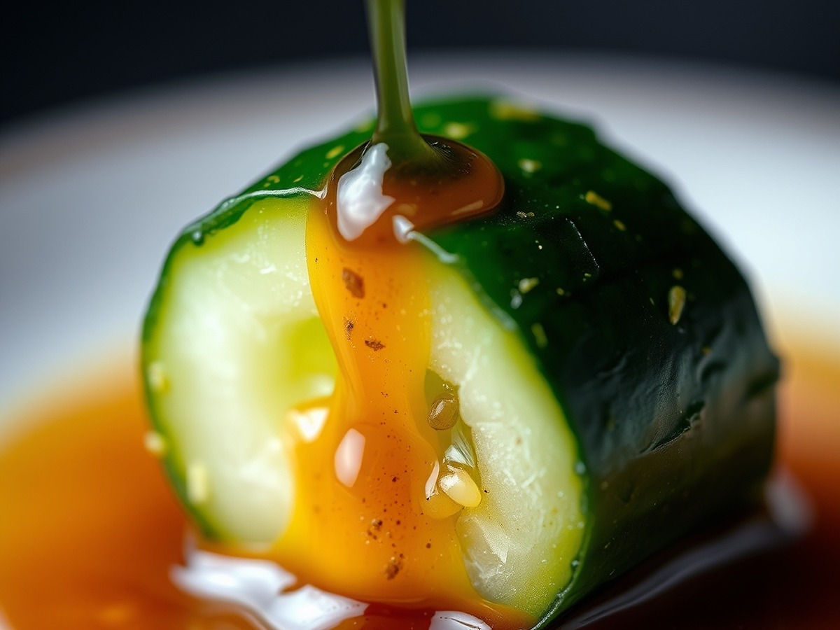 Why do you smash cucumbers in a salad? cooking technique - A macro detail shot of a smashed cucumber piece absorbing a vibrant ga