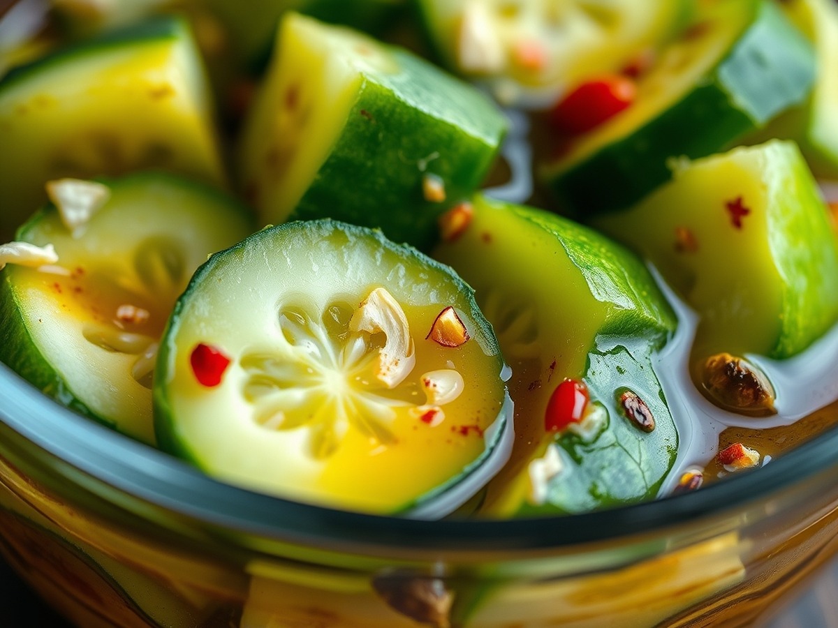 Why do you smash cucumbers in a salad? cooking technique - A detailed food photography shot of jagged, bruised cucumber chunks si