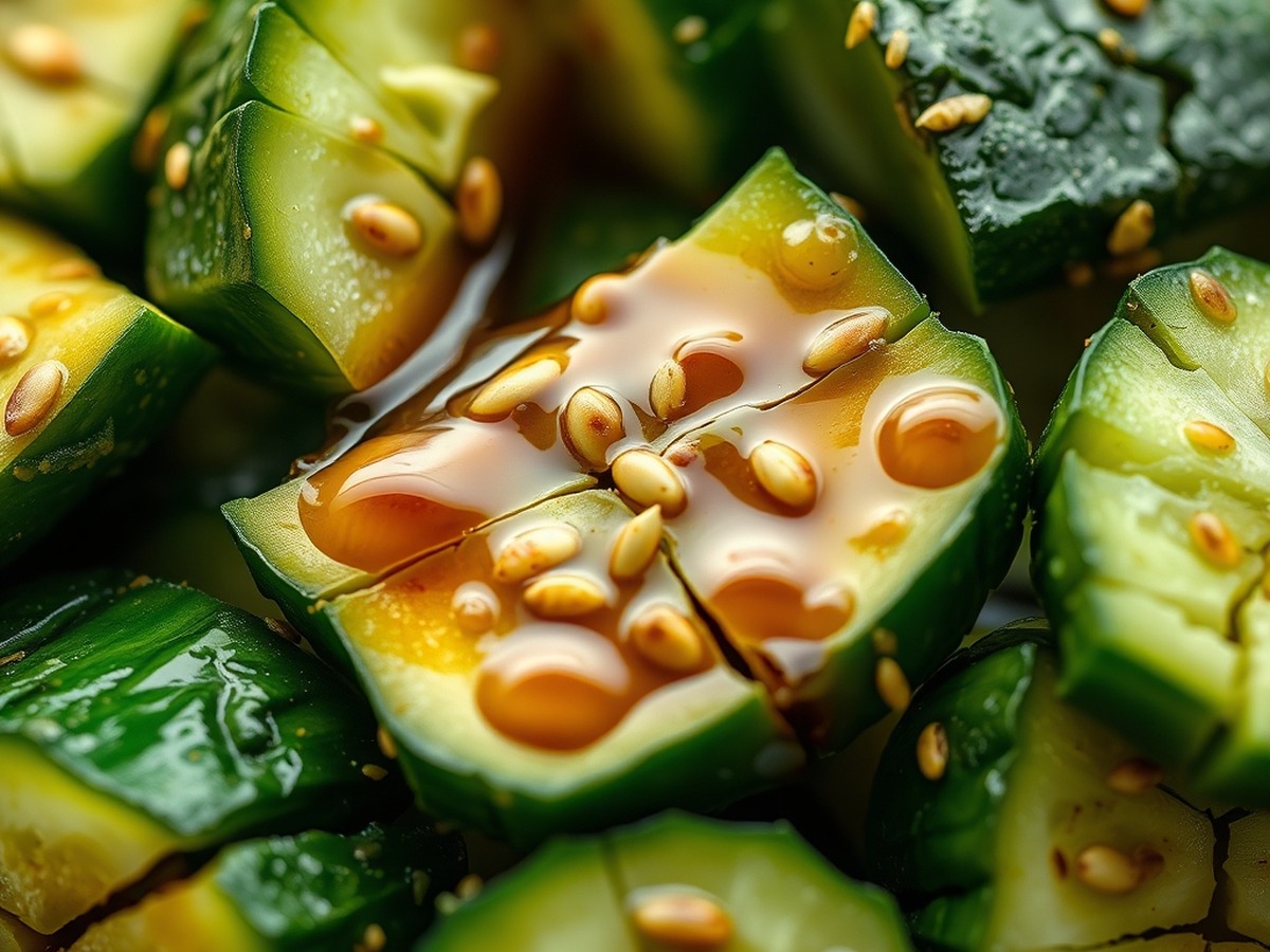 Why do you smash cucumbers in a salad? cooking technique - A detailed macro photo of shattered cucumber pieces showing rough, jag
