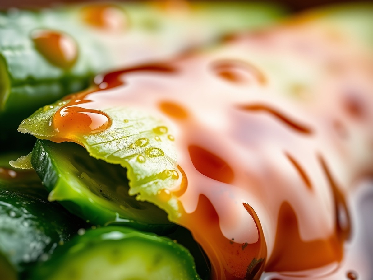Why do you smash cucumbers in a salad? cooking technique - Macro photo showing jagged, torn cucumber edges soaking up a glossy so
