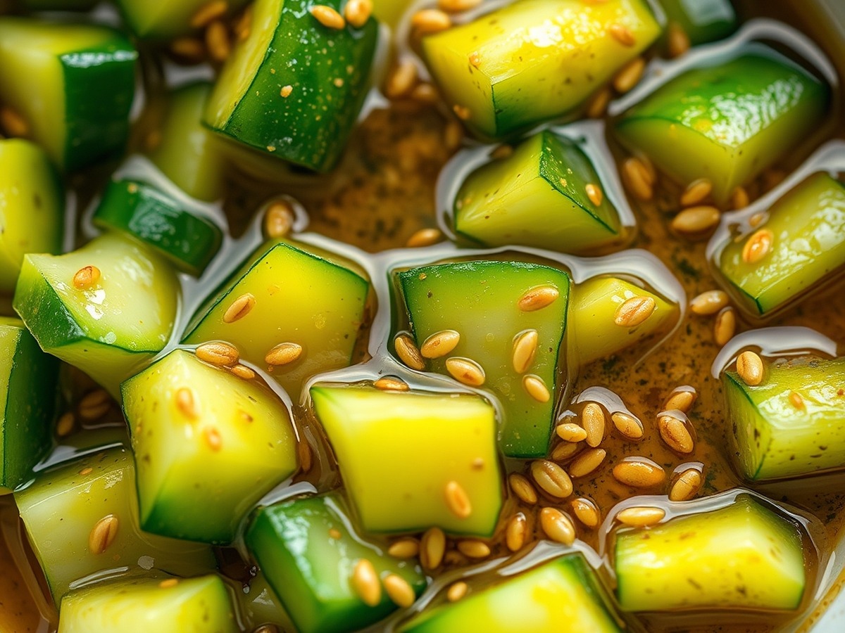 Why do you smash cucumbers in a salad? cooking technique - Detailed shot of smashed cucumber pieces absorbing a vibrant garlic an
