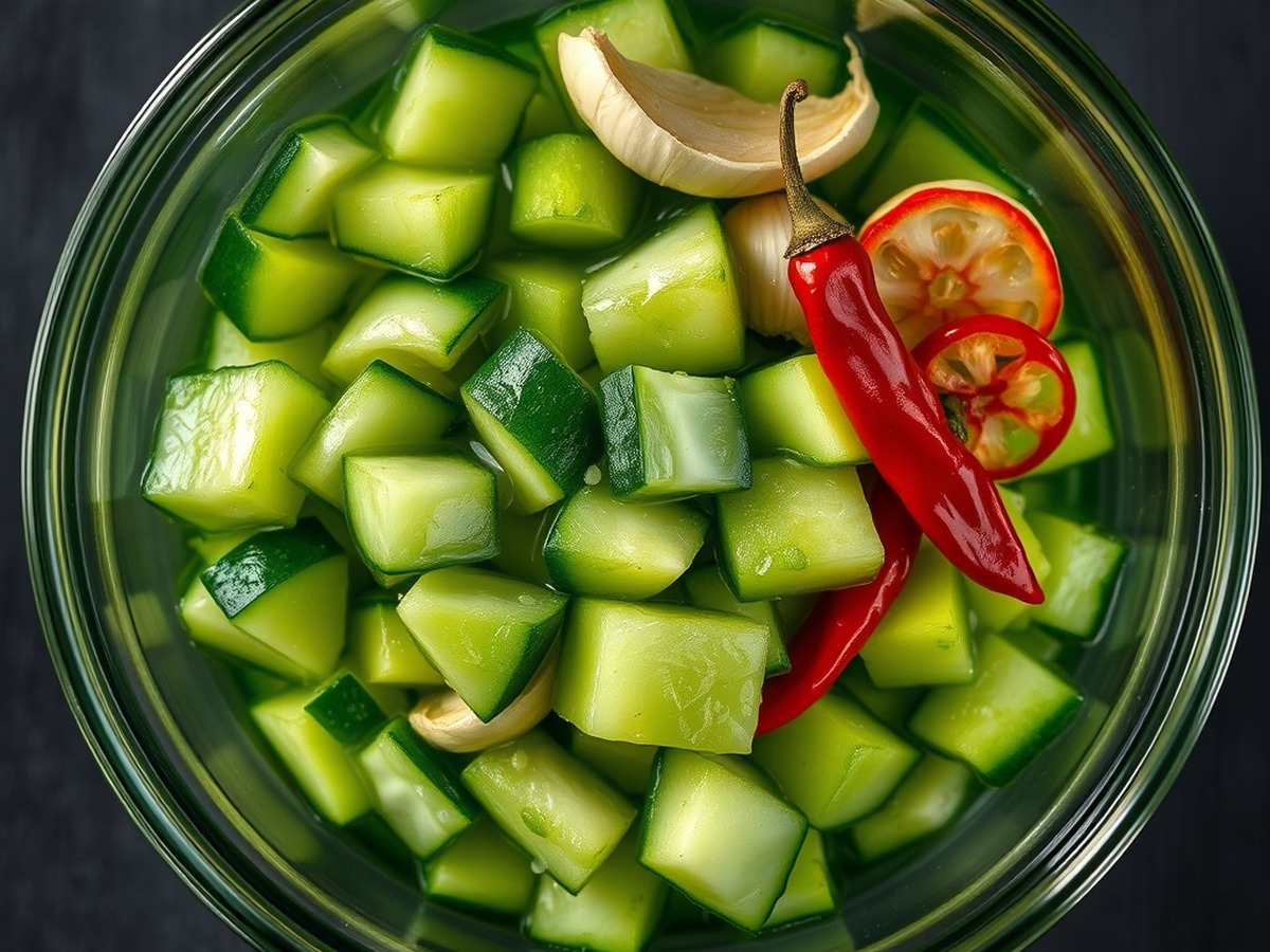 Why do you smash cucumbers in a salad? cooking technique - A vibrant overhead photo of crushed cucumber chunks marinating in a gl