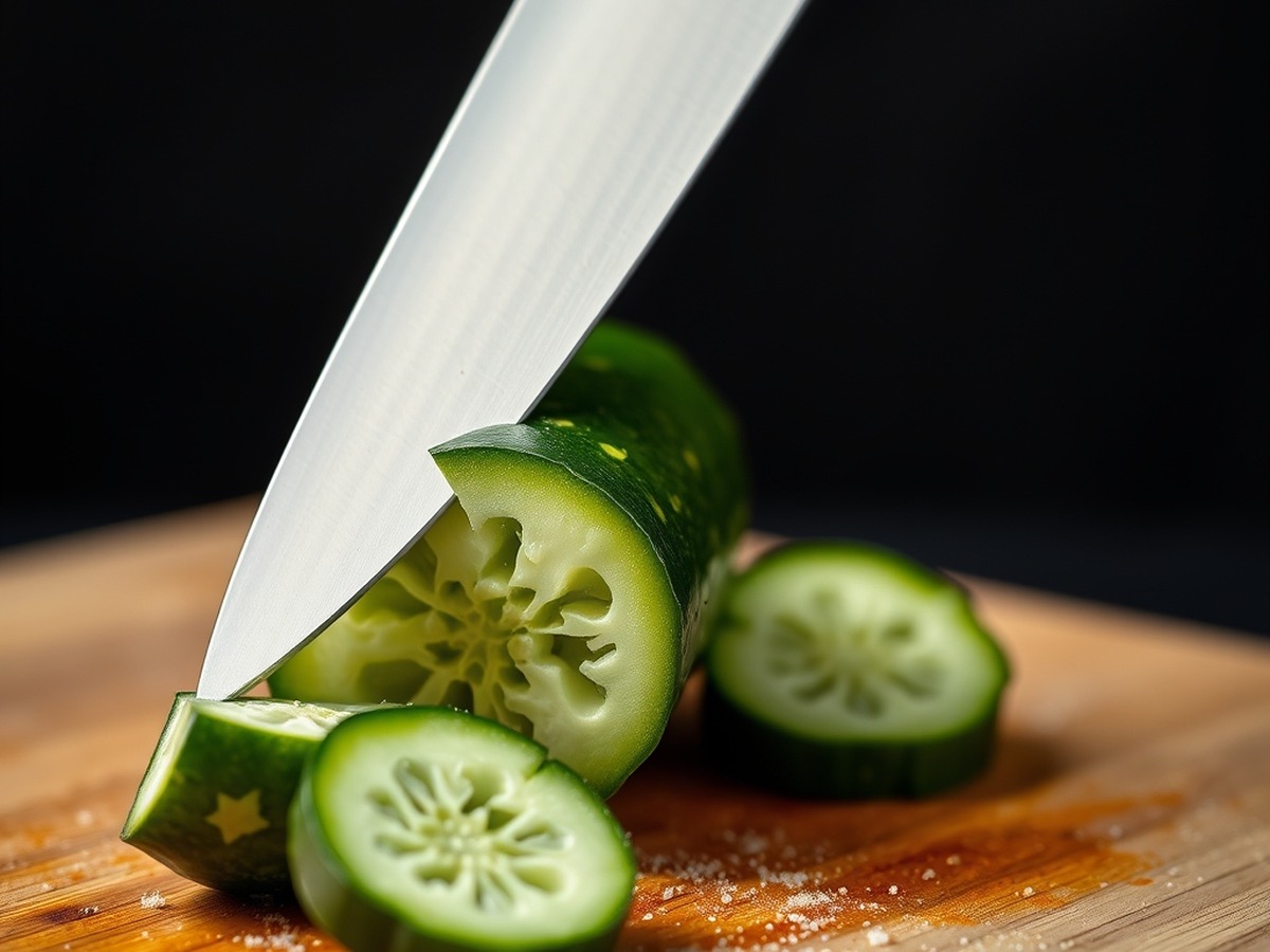 Why do you smash cucumbers in a salad? ingredient mise en place - A close-up shot of a chef's knife flat resting on top of a green cucum