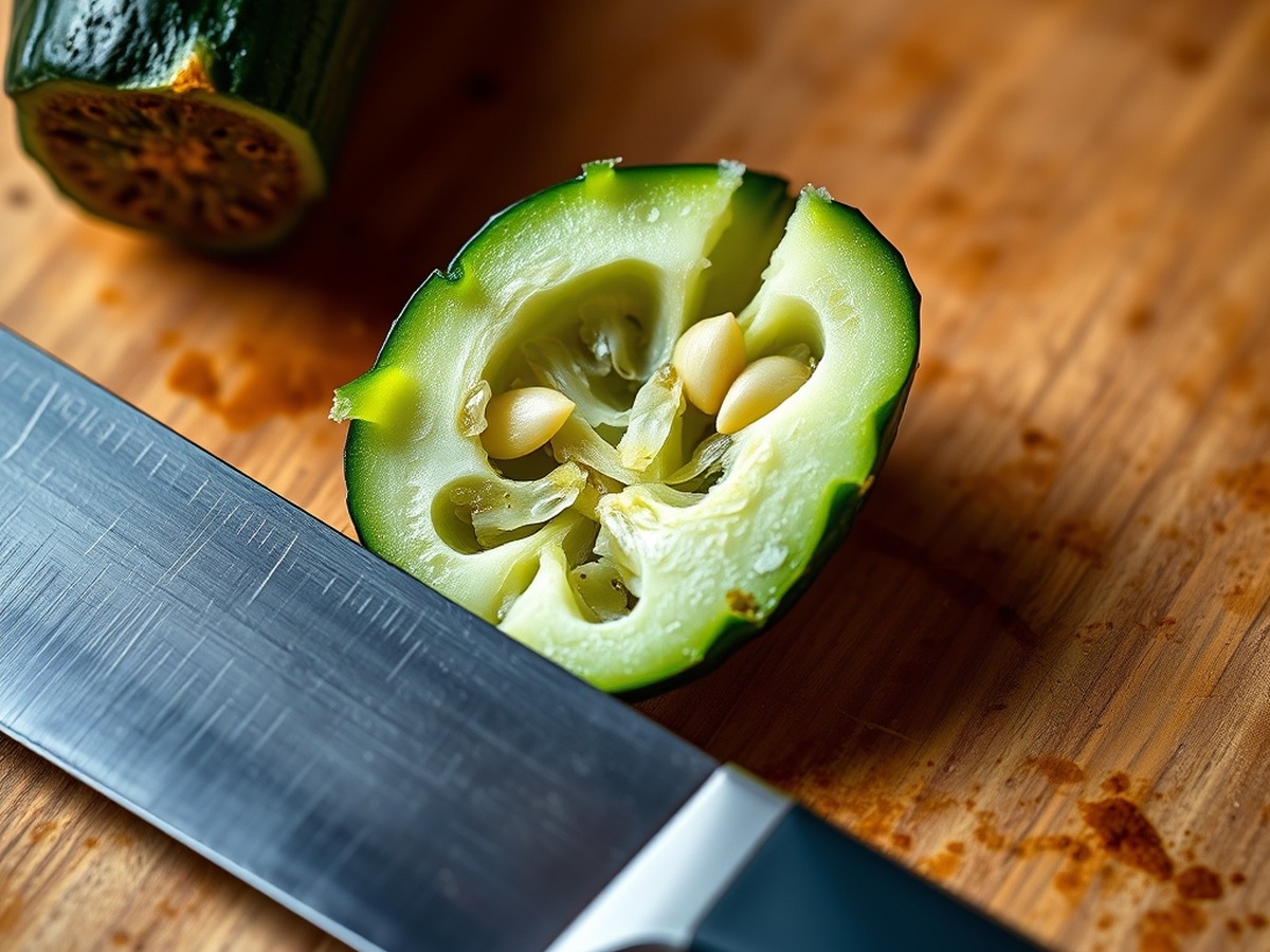 Why do you smash cucumbers in a salad? ingredient mise en place - A close-up food photography shot of a wooden cutting board with a chef