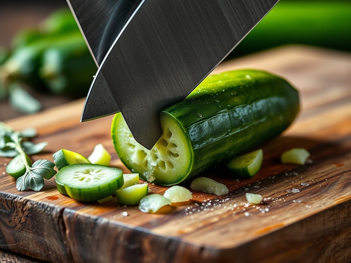 Why do you smash cucumbers in a salad? ingredient mise en place - Close up photorealistic photo of a heavy chef's knife crushing a fresh