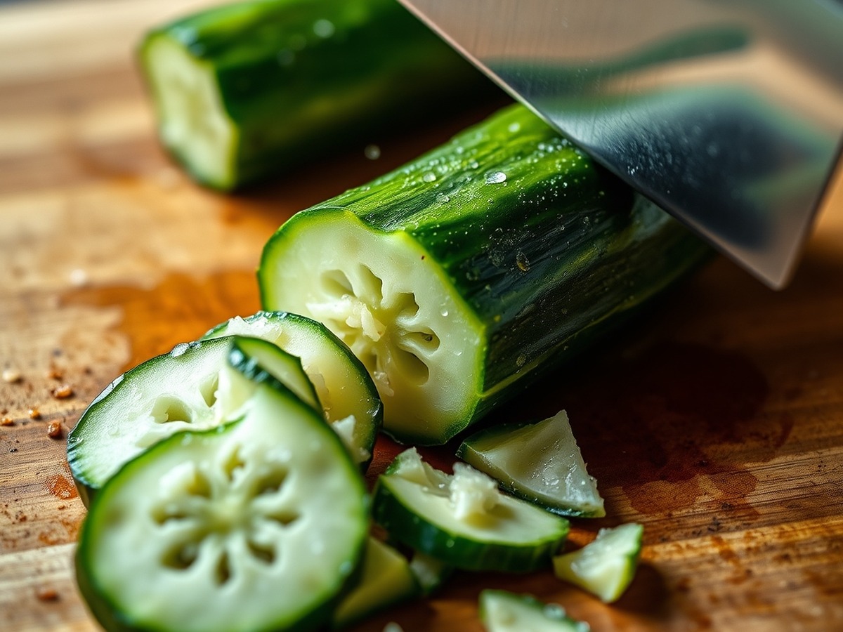 Why do you smash cucumbers in a salad? ingredient mise en place - A close-up photograph of a fresh green cucumber being fractured on a w