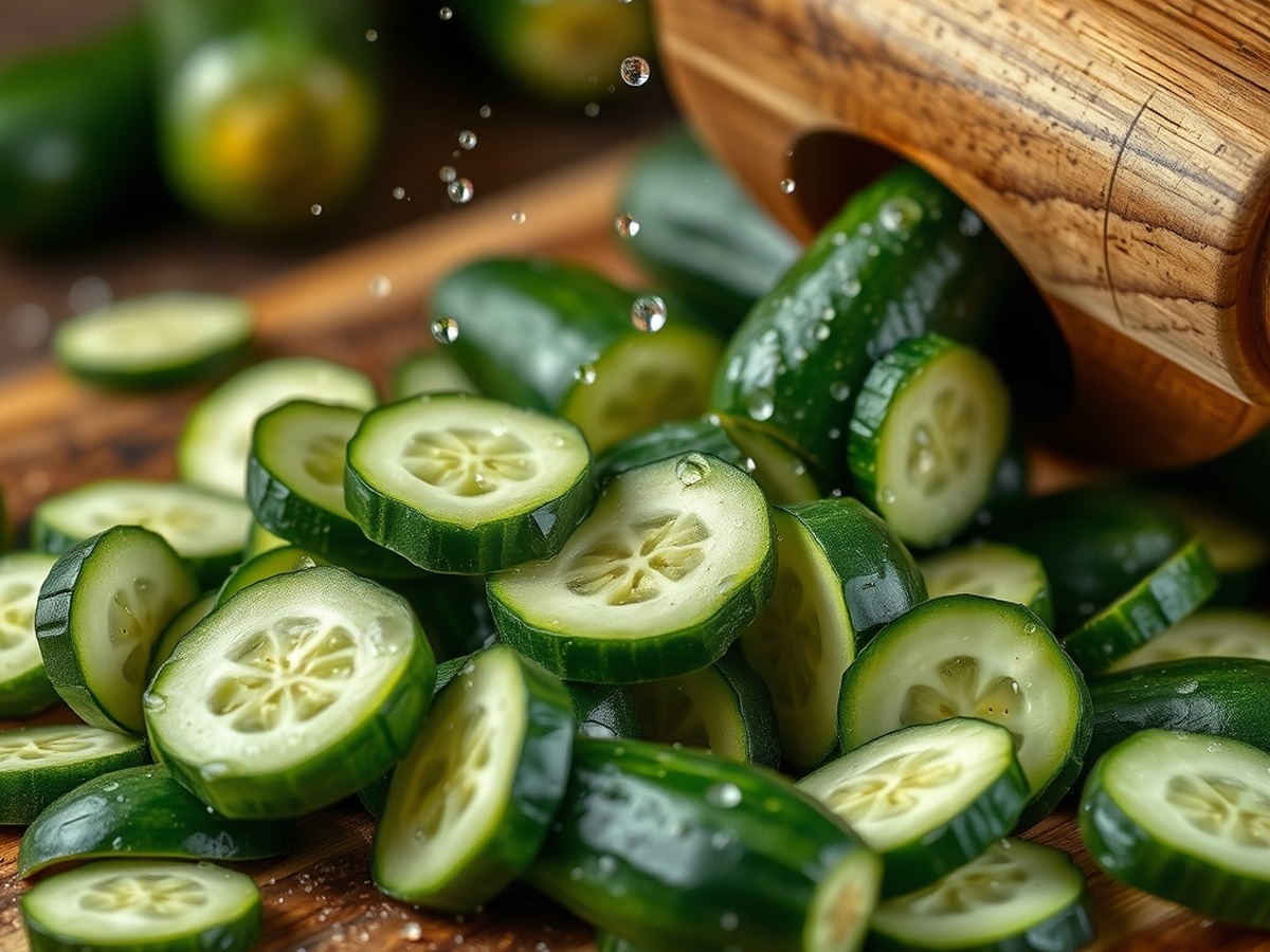 Why do you smash cucumbers in a salad? ingredient mise en place - Close up photorealistic macro photo of a wooden rolling pin aggressive