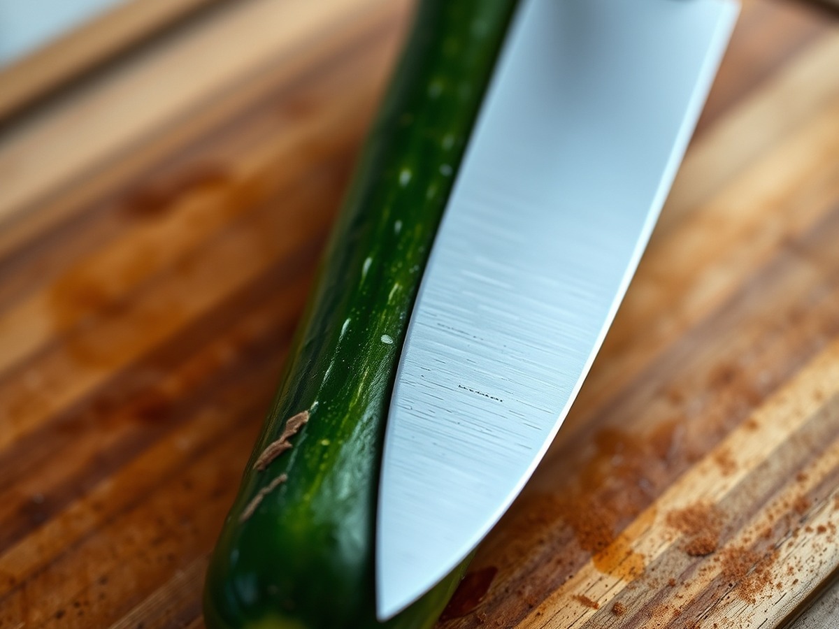 Why do you smash cucumbers in a salad? ingredient mise en place - A close-up photo of a heavy chef knife flat against a fresh green cucu