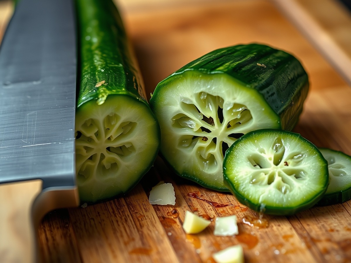 Why do you smash cucumbers in a salad? ingredient mise en place - A close-up, detailed photo of a chef knife resting next to a freshly s