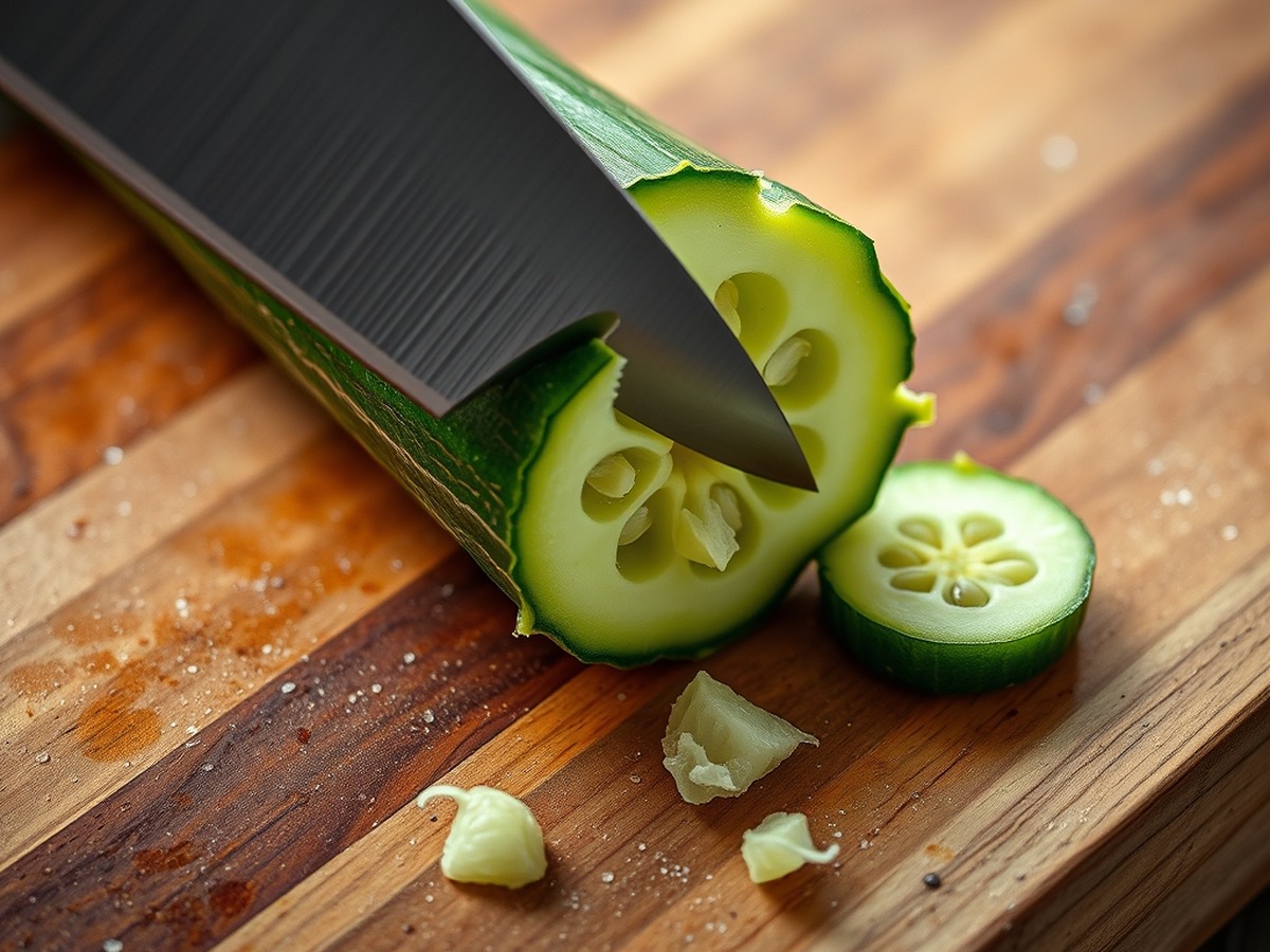 Why do you smash cucumbers in a salad? ingredient mise en place - A close-up photograph of a chef knife striking a fresh green cucumber