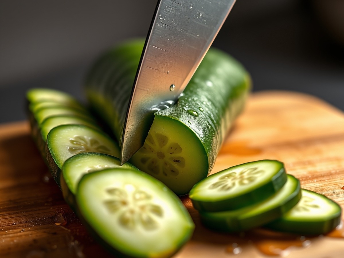 Why do you smash cucumbers in a salad? ingredient mise en place - A close-up photorealistic image of a chef's knife flat against a fresh