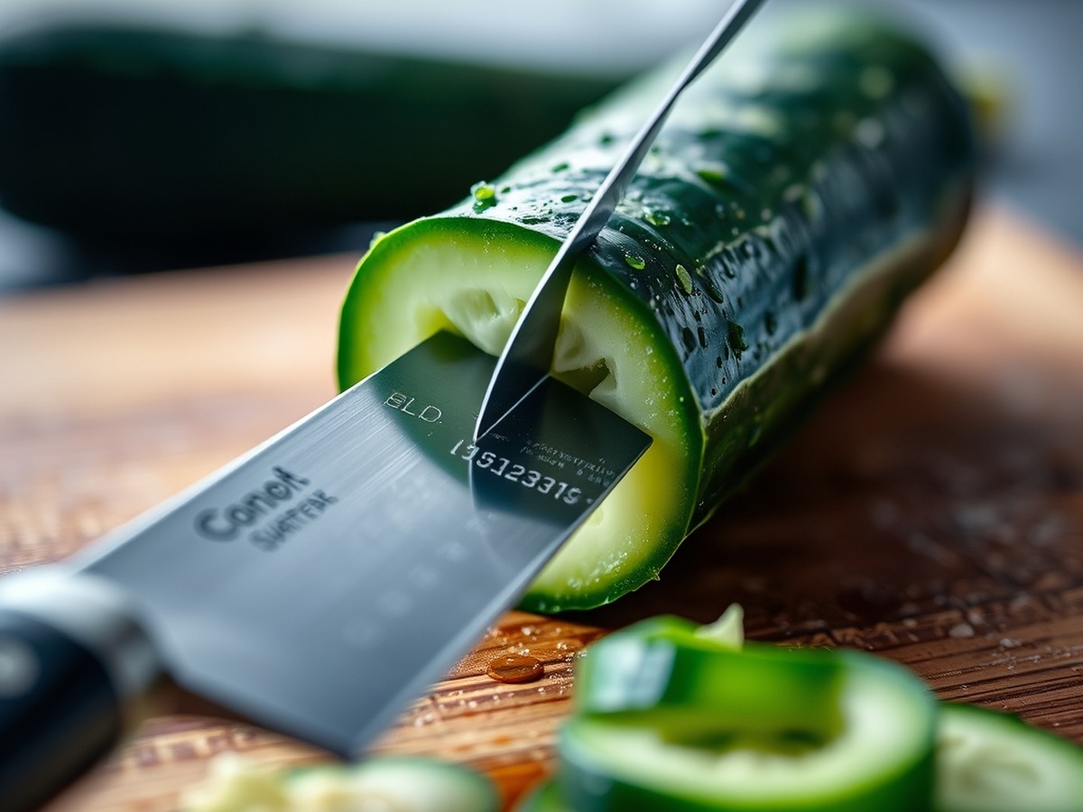 Why do you smash cucumbers in a salad? ingredient mise en place - Close up, detailed photo of a chef knife flat against a green cucumber