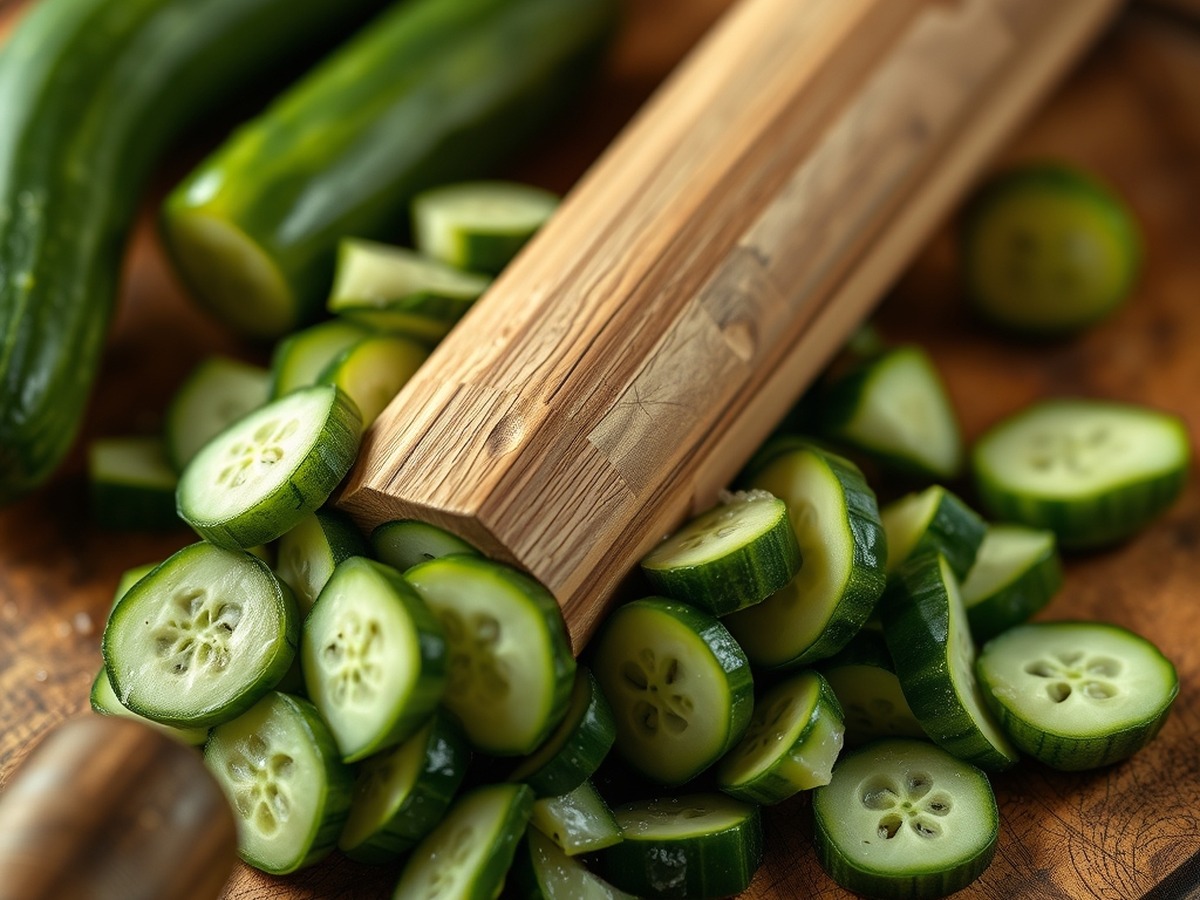 Why do you smash cucumbers in a salad? ingredient mise en place - Close up photo of a wooden cutting board with a heavy rolling pin crus