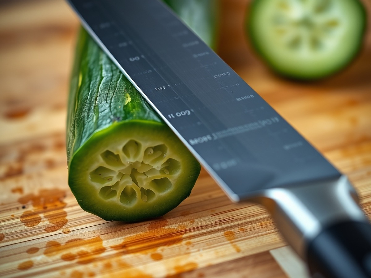 Why do you smash cucumbers in a salad? ingredient mise en place - A close-up photograph of a heavy chef knife flat against a fresh green
