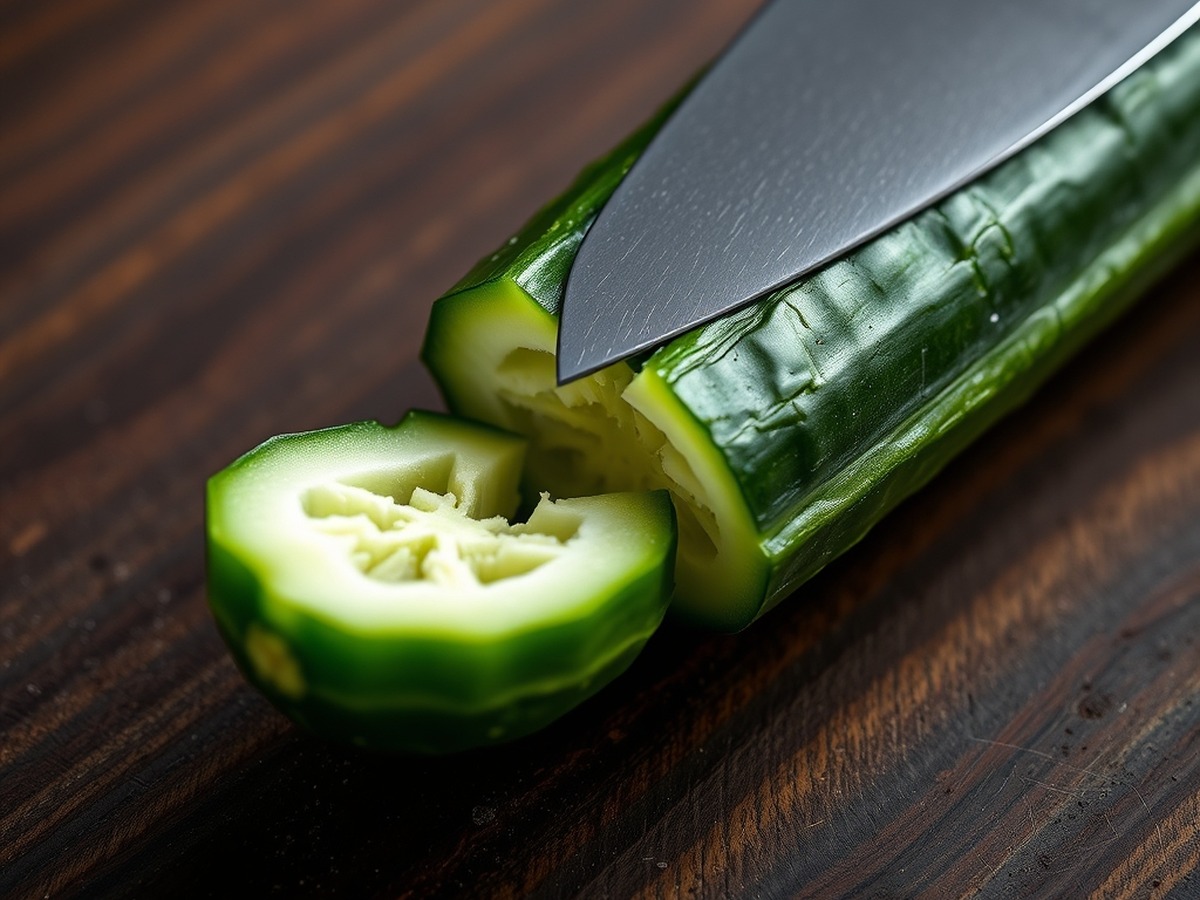 Why do you smash cucumbers in a salad? ingredient mise en place - A close-up, detailed photo of a fresh green cucumber splitting apart o