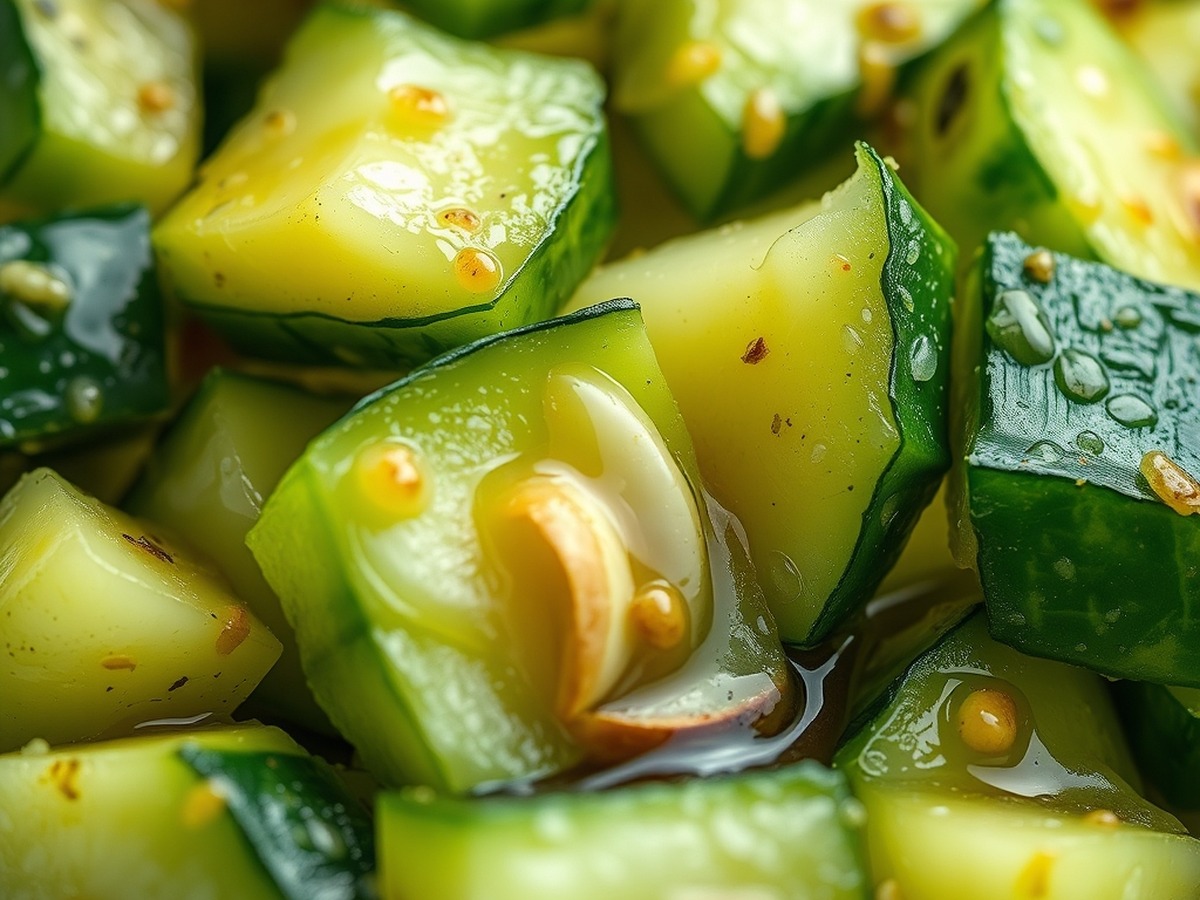 Why do you smash cucumbers in a salad? cooking technique - Detailed macro photography of smashed cucumber chunks glistening with