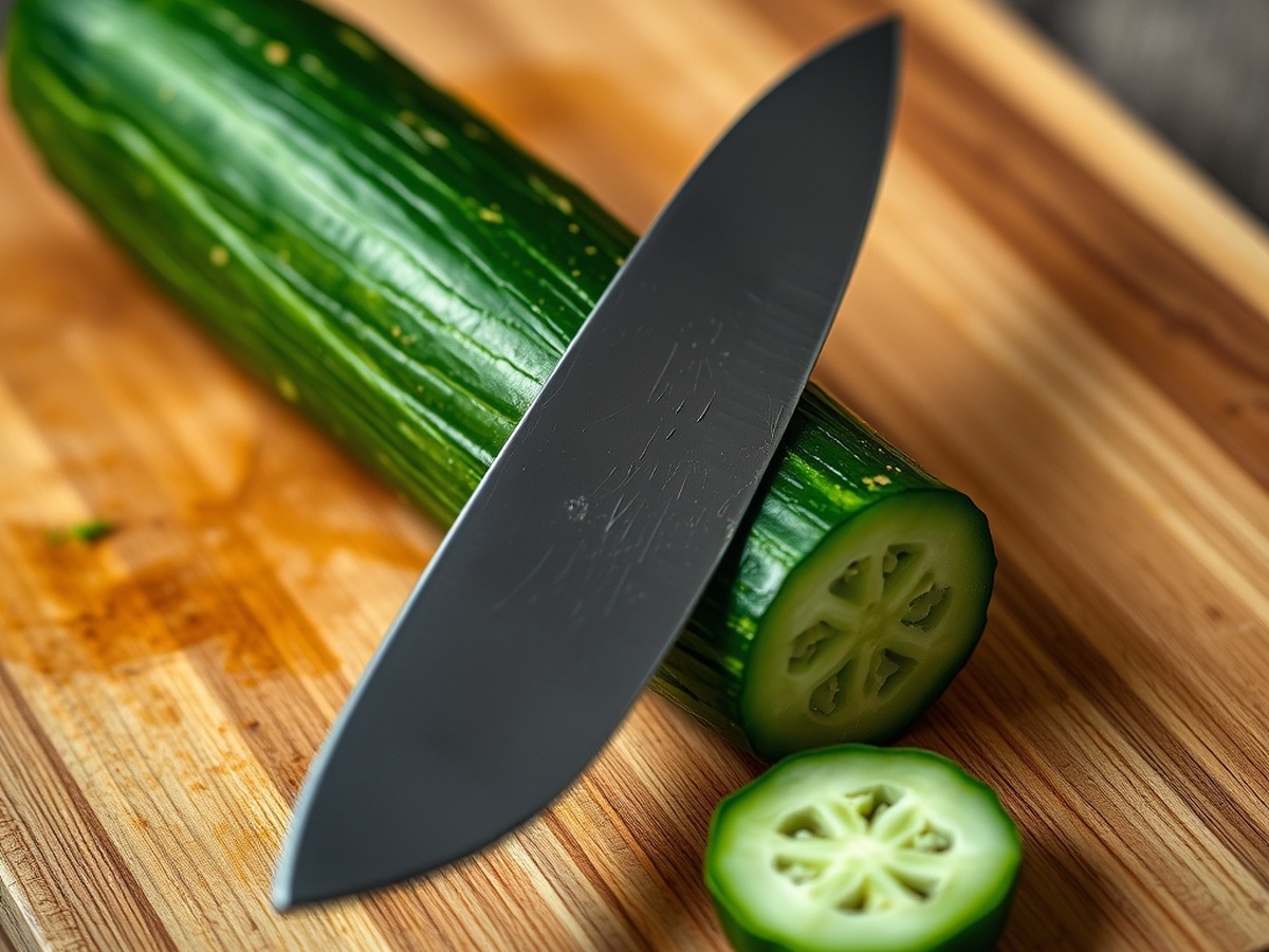 Why do you smash cucumbers in a salad? ingredient mise en place - Close up photorealistic photo of a chef knife flat resting on a fresh